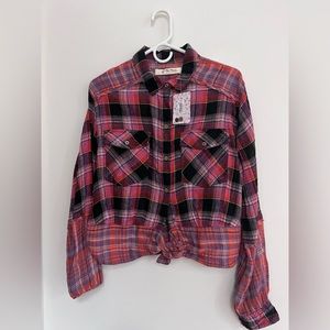 Free People tie-waist + mixed pattern button-up